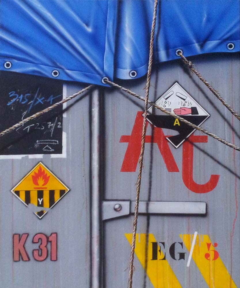 Klasen - Camion bâché bleu gris 1992 acrylique sur toile, 100 x 81